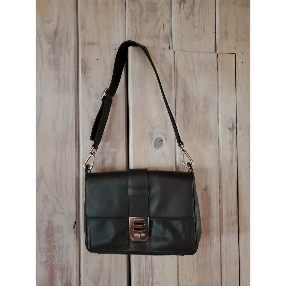 Michael Kors Black Silver Mila  Flap Shoulder Bag Purse Handbag Leather